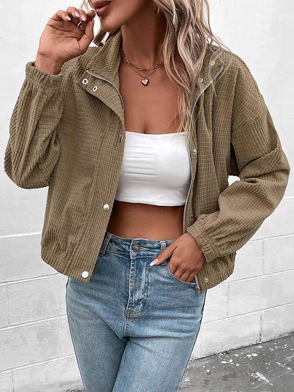 Cropped corduroy bomber jacket with a stand collar and zip front