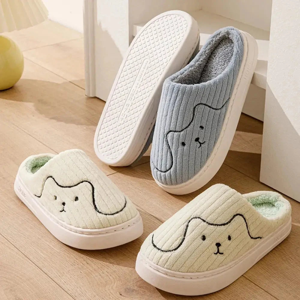 Ribbed velour slippers with embroidered animal face, fleece lining and rubber sole