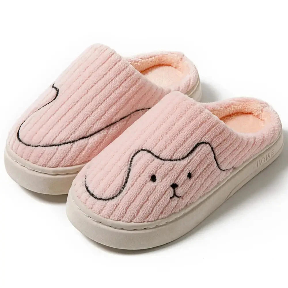 Ribbed velour slippers with embroidered animal face, fleece lining and rubber sole - pink