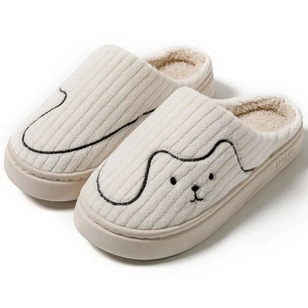 Ribbed velour slippers with embroidered animal face, fleece lining and rubber sole - white