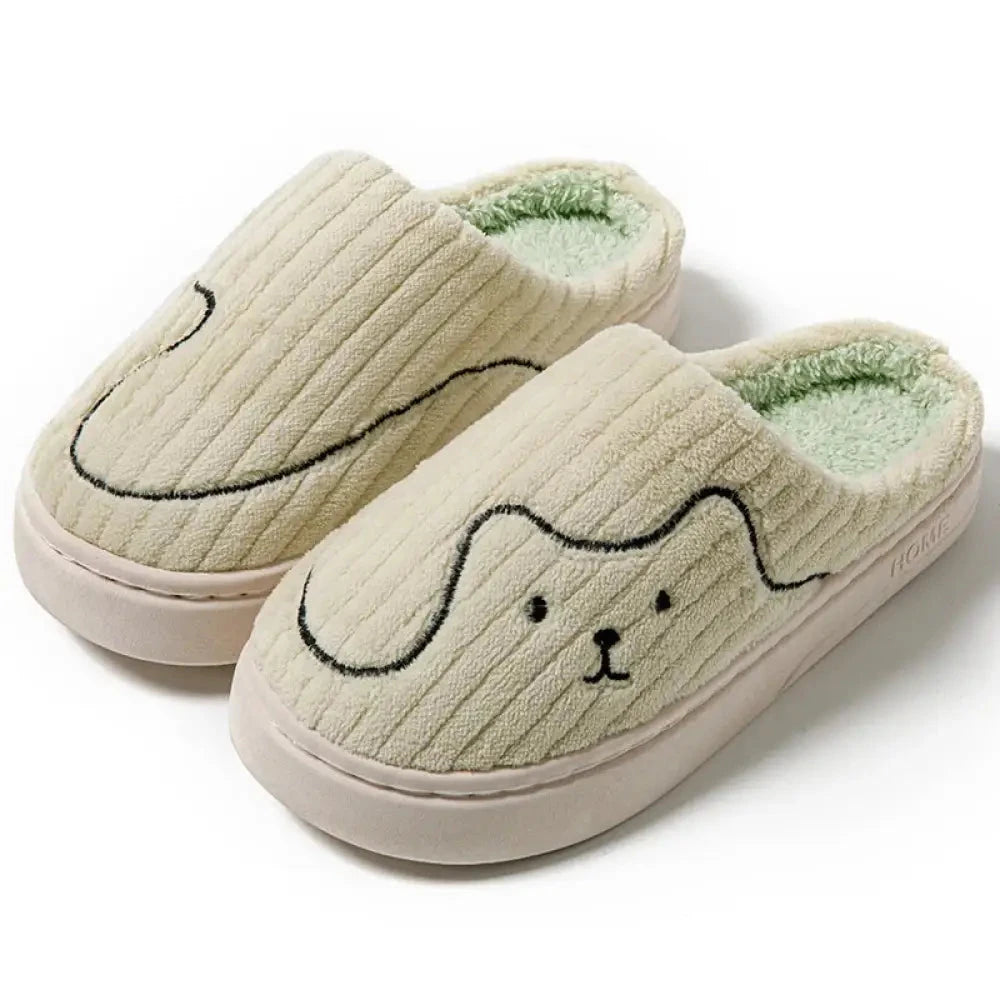 Ribbed velour slippers with embroidered animal face, fleece lining and rubber sole - light green