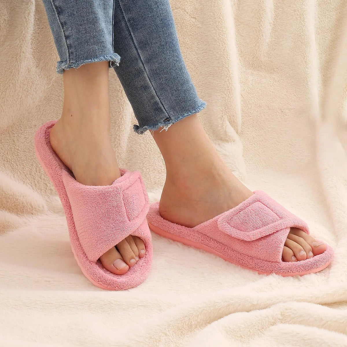 Arch support slippers with terry upper, open toe and hook-and-loop strap