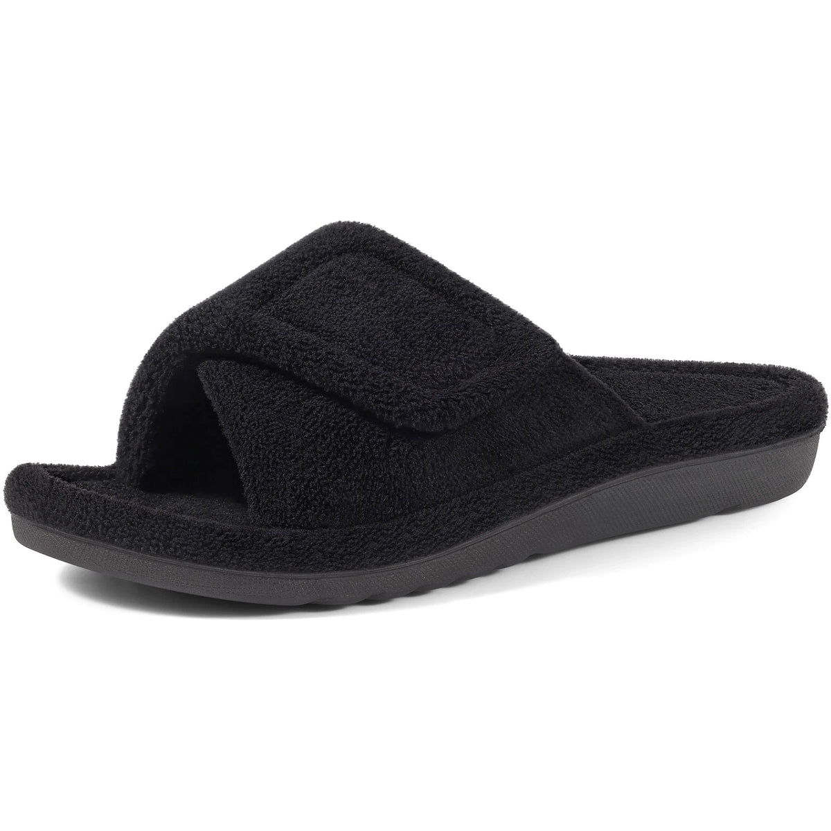 Arch support slippers with terry upper, open toe and hook-and-loop strap - black