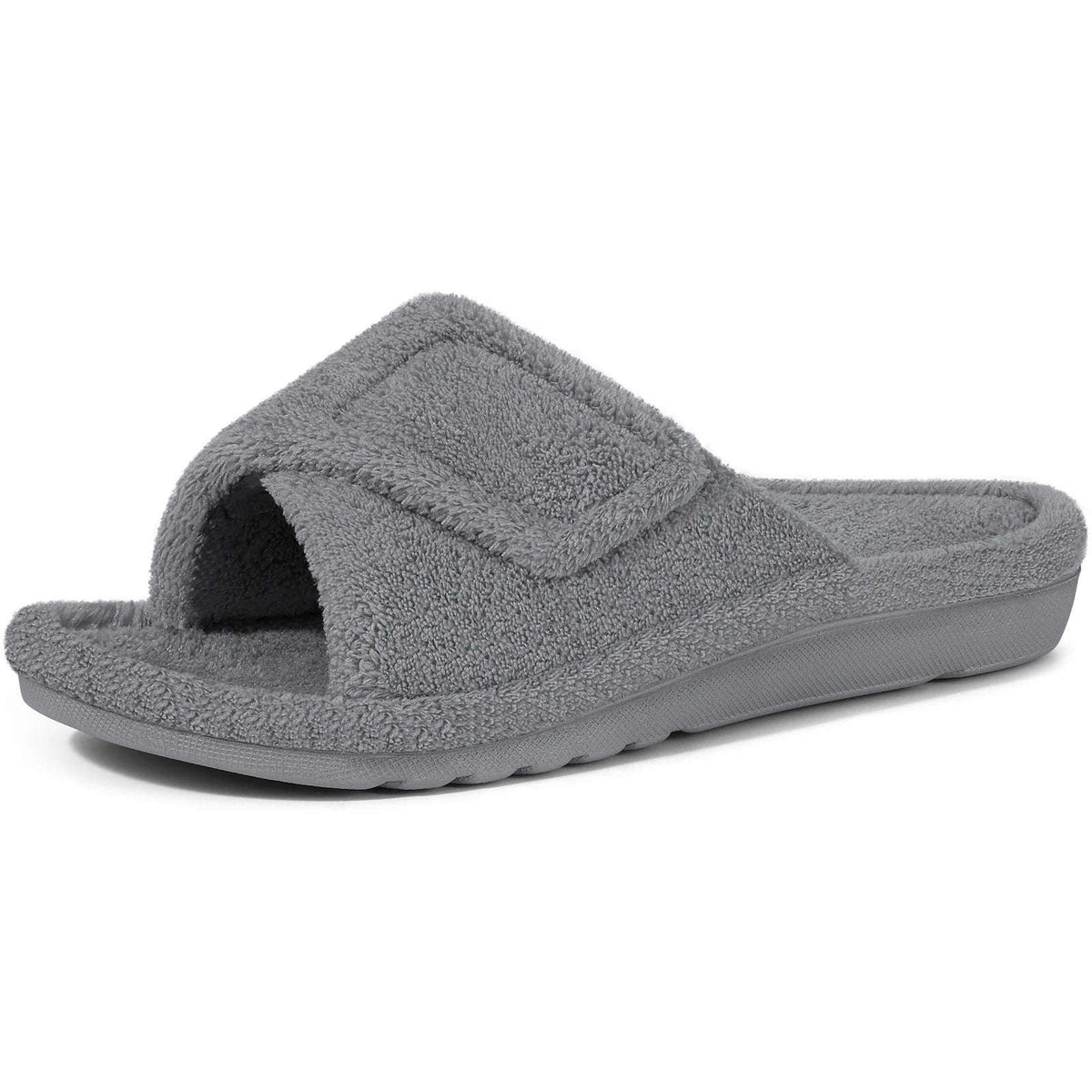Arch support slippers with terry upper, open toe and hook-and-loop strap - grey