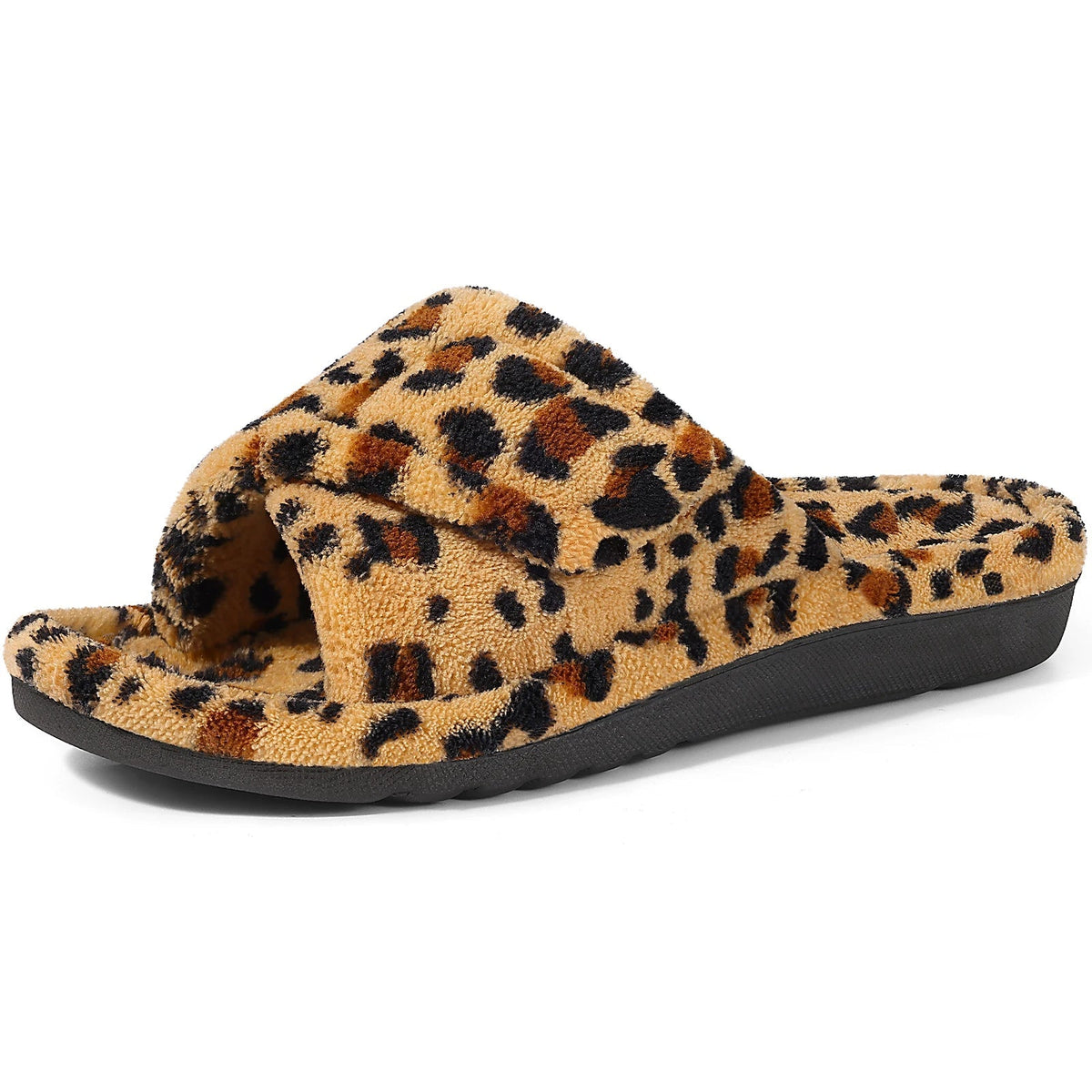 Arch support slippers with terry upper, open toe and hook-and-loop strap - leopard print