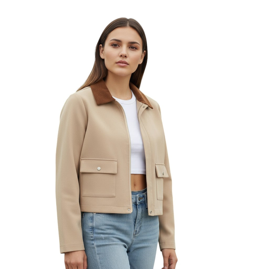 Short sand-coloured jacket with a brown corduroy collar and flap pockets