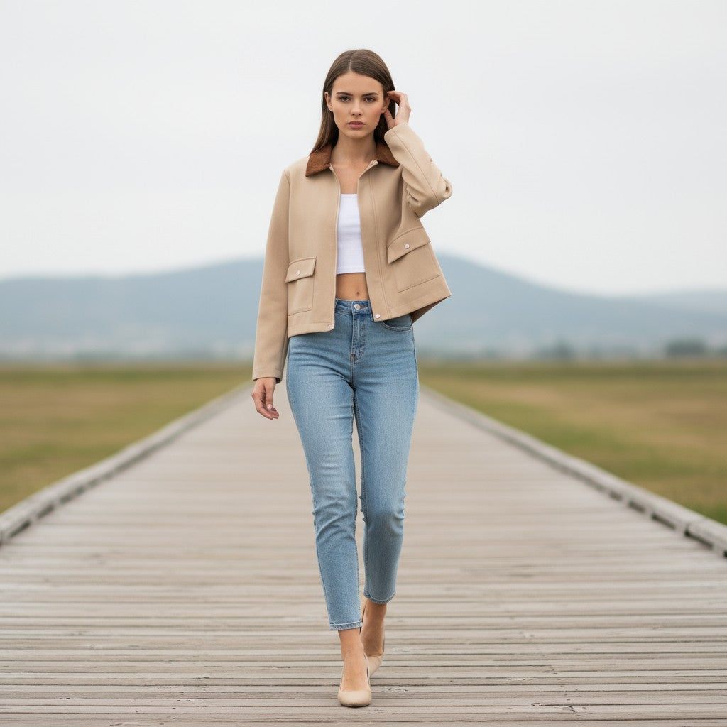 Short sand-coloured jacket with a brown corduroy collar and flap pockets