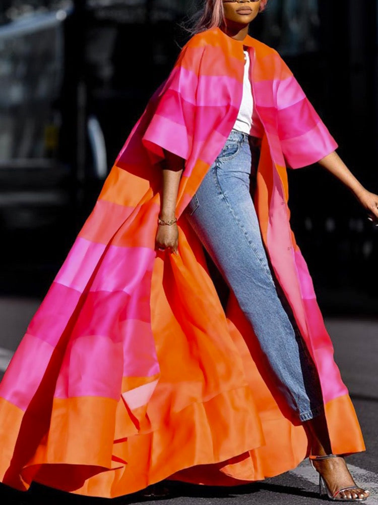 Floor-length open duster coat in wide pink and orange stripes
