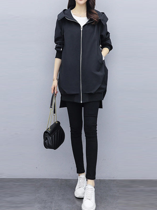Longline hooded jacket with a zip front and slanted pockets