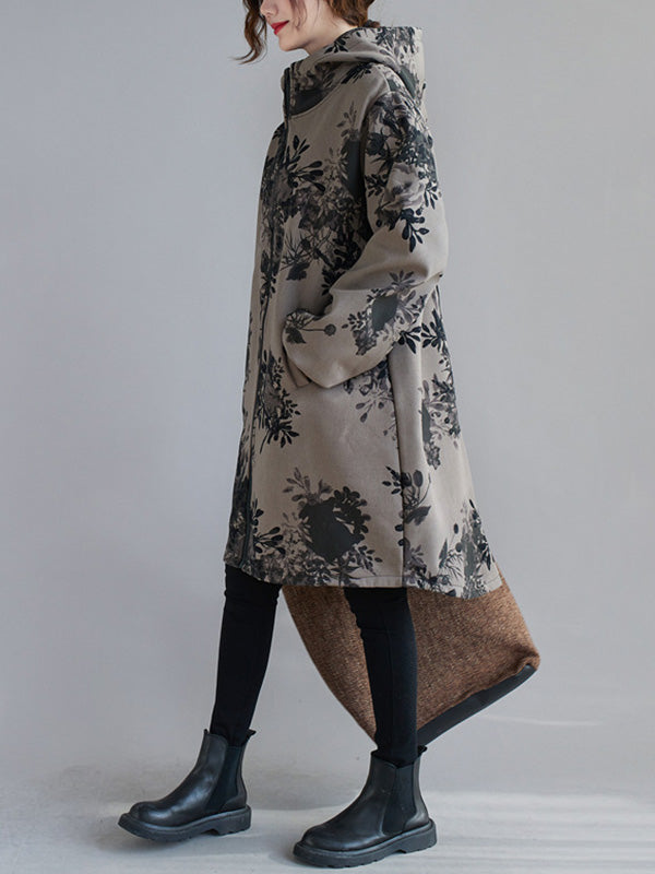 Grey hooded jacket printed with dark flowers and a full-length zip