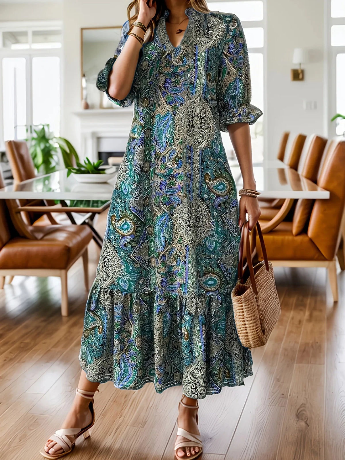 Women's paisley print midi dress in Teal