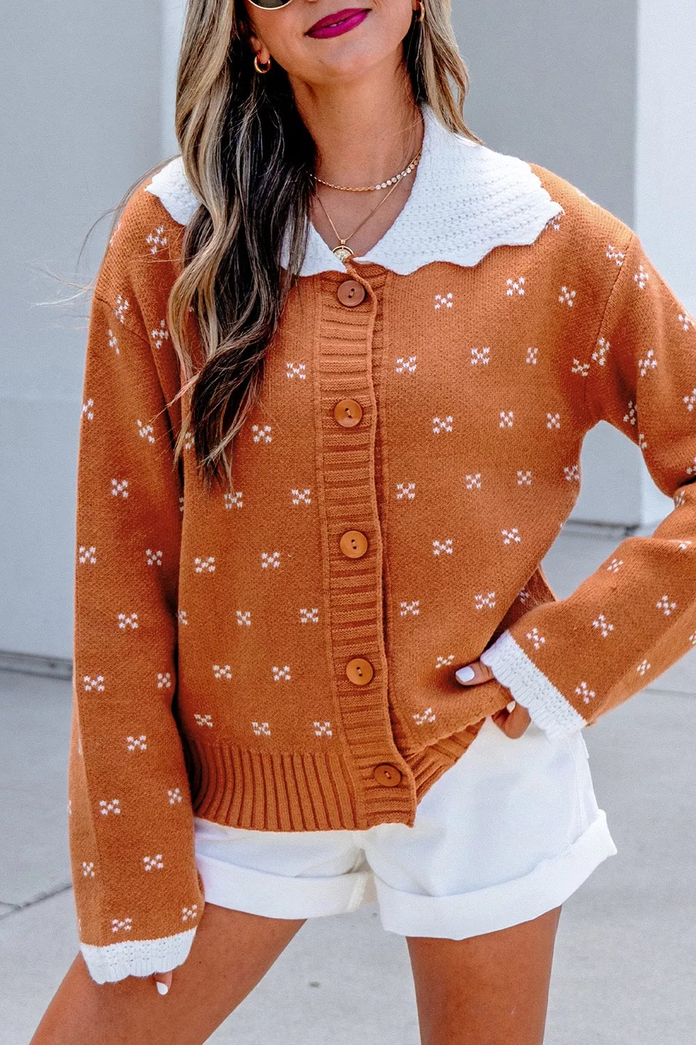 Women's peter pan collar terracotta cardigan in Terracotta