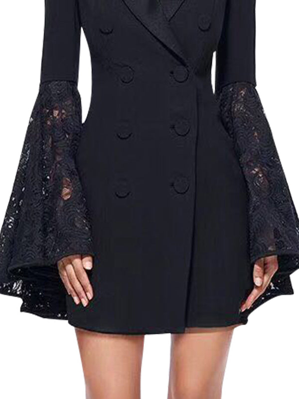 Black longline blazer with wide lace sleeves flaring from the elbow