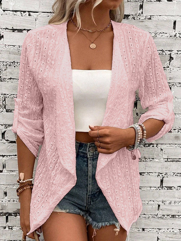 Light openwork knit jacket with a collarless neckline and button front in pink