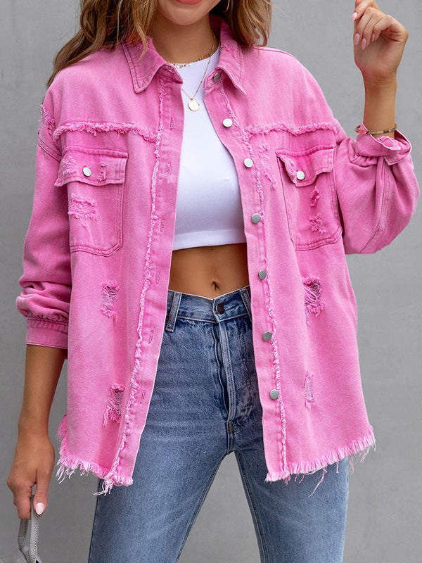 Oversized shirt jacket with frayed edges and chest pockets in fuchsia