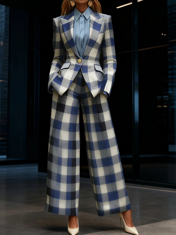 Blue and cream checked blazer with a notched collar and flap pockets