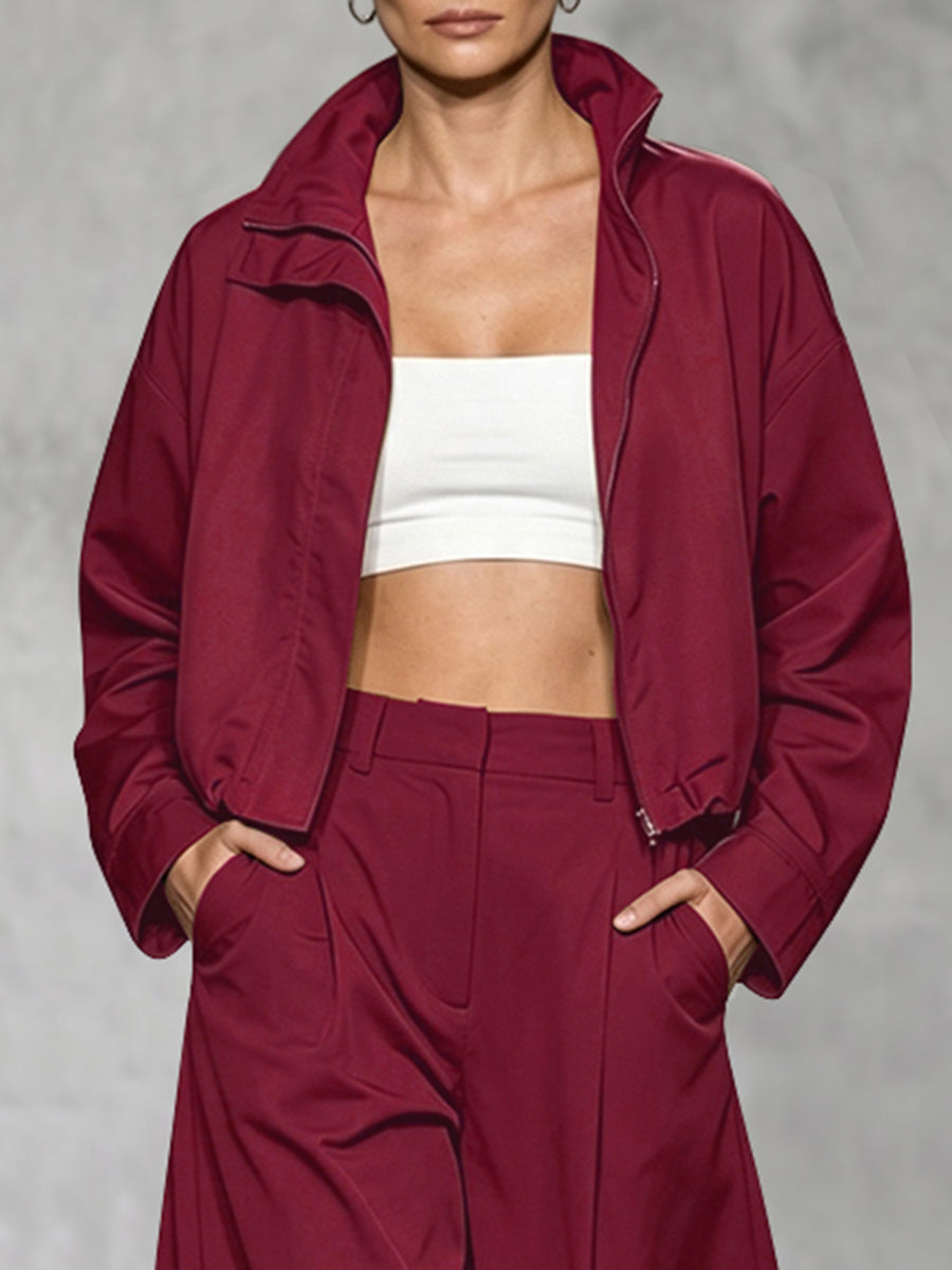 Cropped jacket with a stand collar, zip front and wide sleeves in wine
