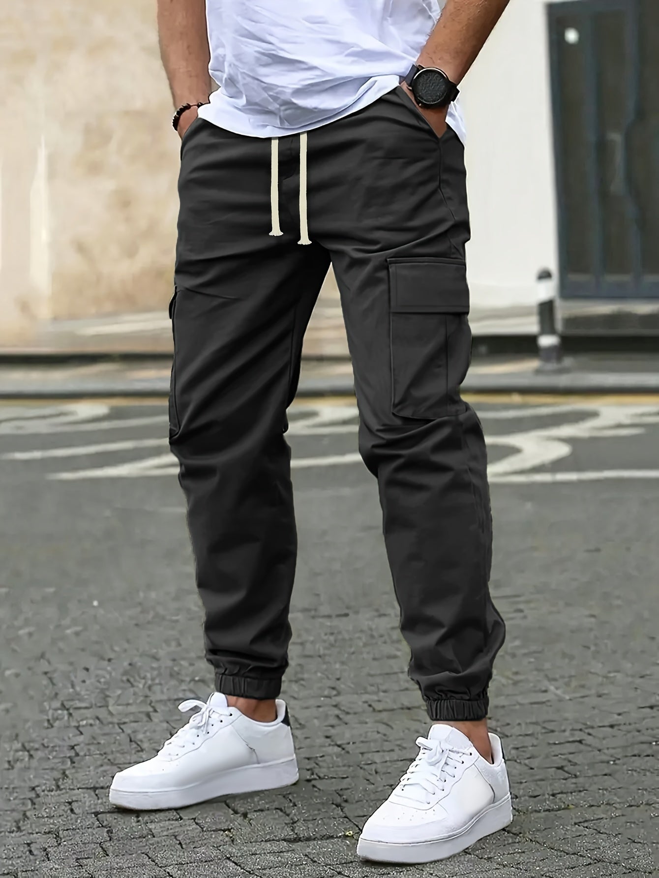 Men's Slim Fit Cargo Trousers - Extended Sizes - lifestyle view | SAINT DOR