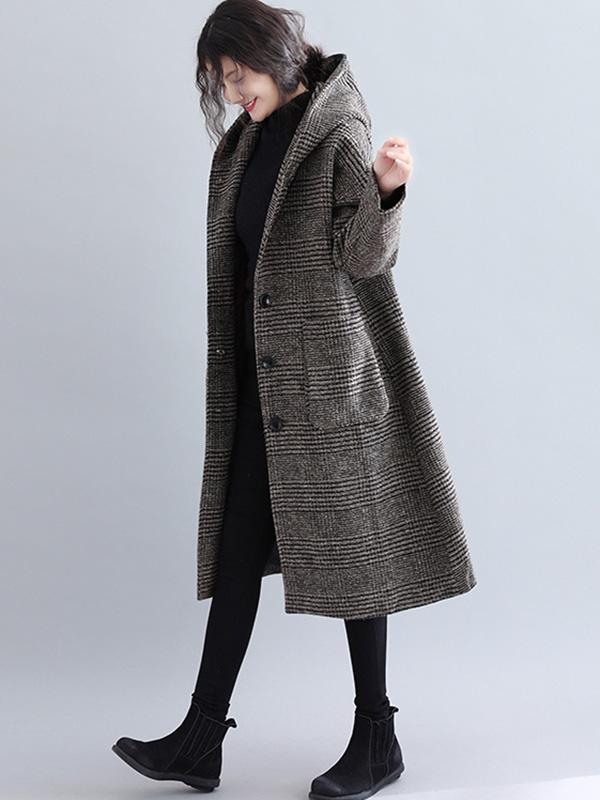 Hooded longline coat in a fine check with two patch pockets in coffee