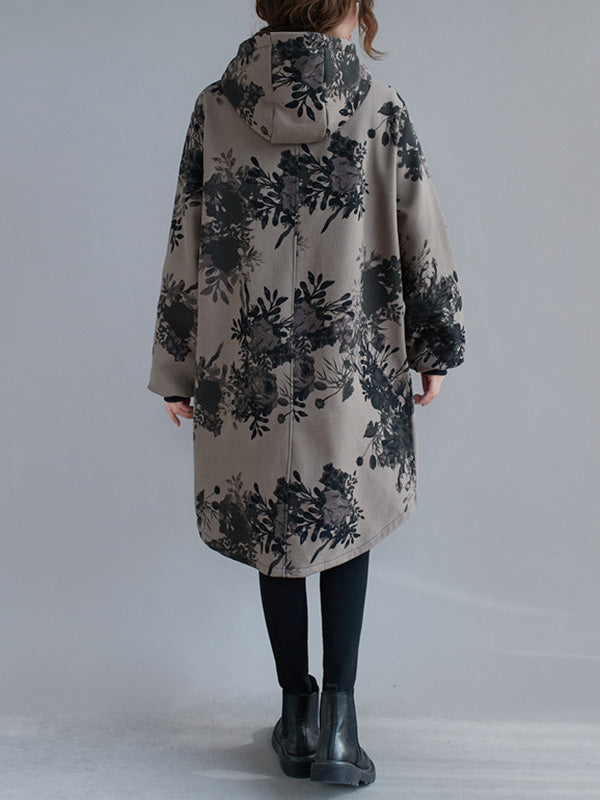 Grey hooded jacket printed with dark flowers and a full-length zip