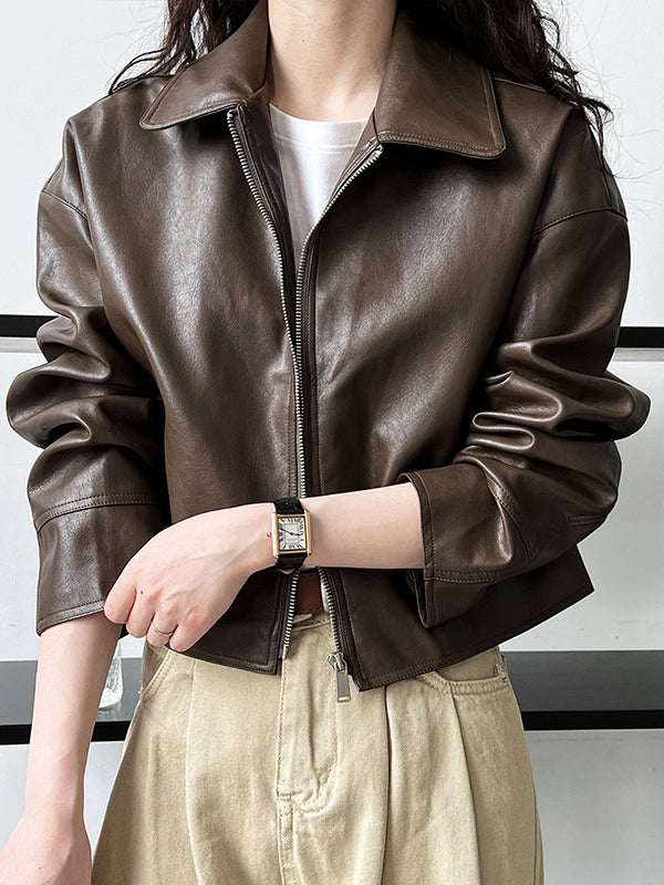 Boxy faux leather jacket with a wide shirt collar and zip front in brown