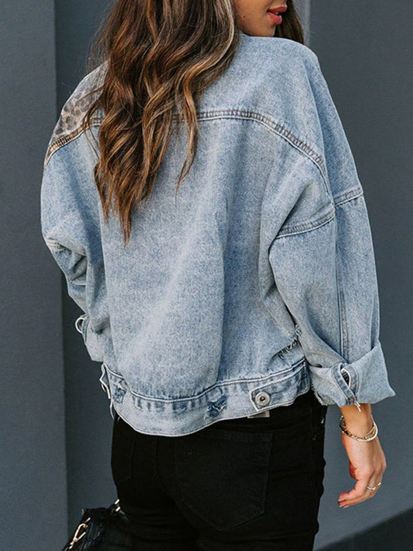 Light wash denim jacket with leopard print panels at the yoke and pockets