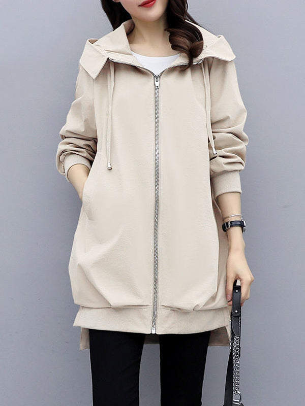 Longline hooded jacket with a zip front and slanted pockets