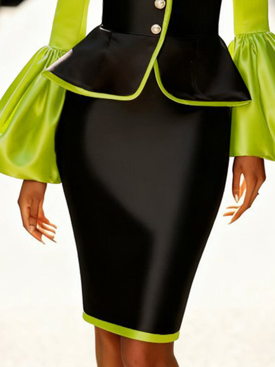 Lime and black peplum jacket with a deep V neck and flared sleeves