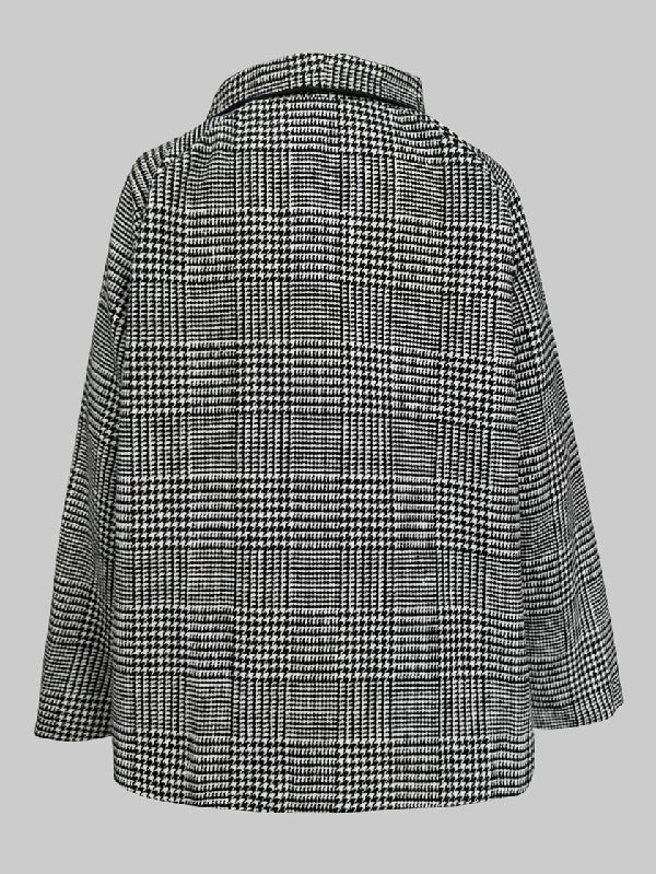 Houndstooth check jacket with an asymmetric front and fold-over collar