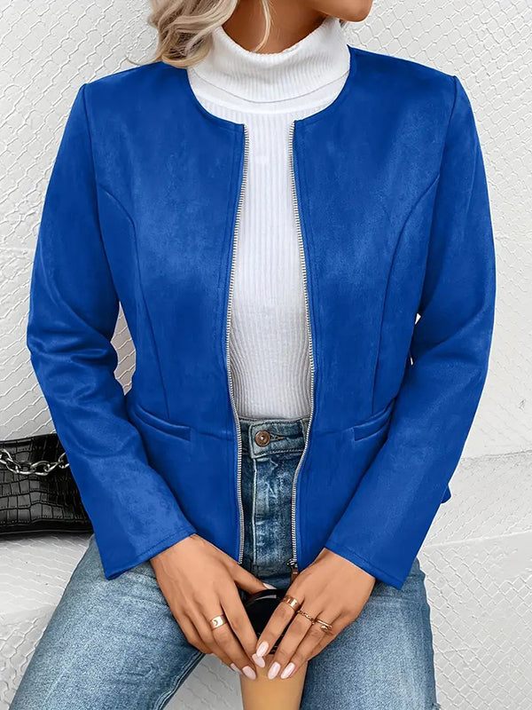 Collarless suede-look jacket with a zip front and welt pockets in blue