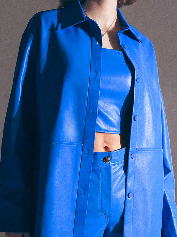 Soft faux leather overshirt with a shirt collar and button front