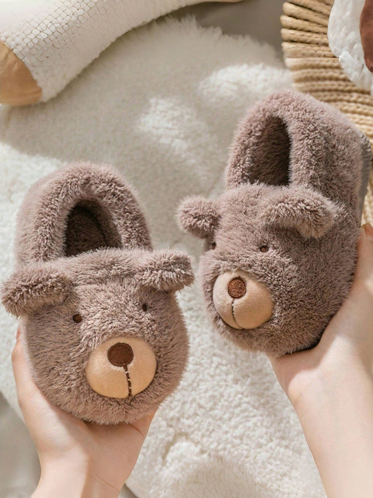 Plush baby slippers with a bear and ears on the toe, warm lining and a soft sole - taupe