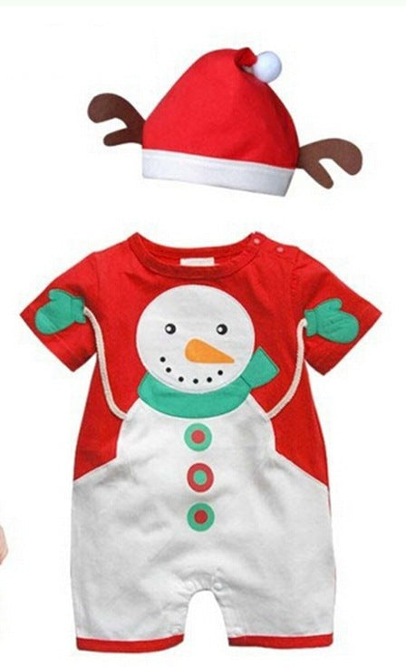 Red baby Christmas romper with snowman and a matching hat with antlers