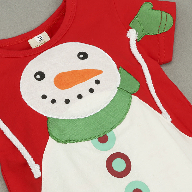 Red baby Christmas romper with snowman and a matching hat with antlers