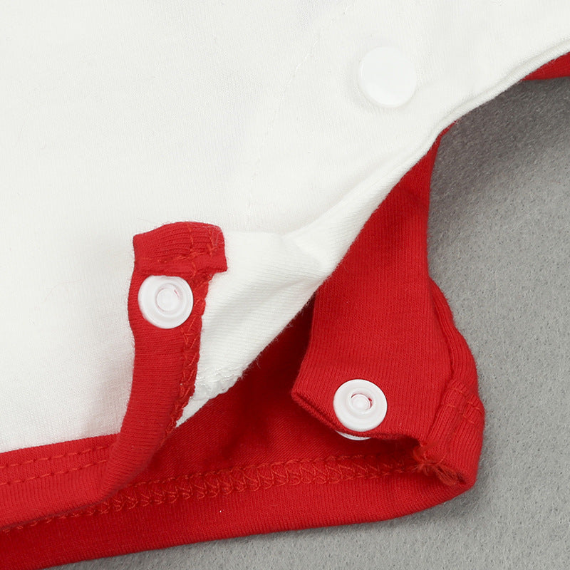 Red baby Christmas romper with snowman and a matching hat with antlers