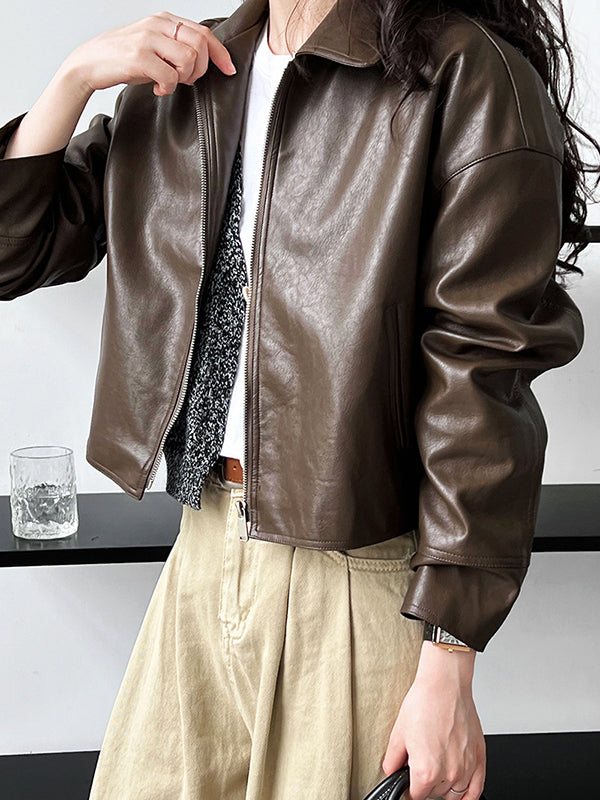 Boxy faux leather jacket with a wide shirt collar and zip front