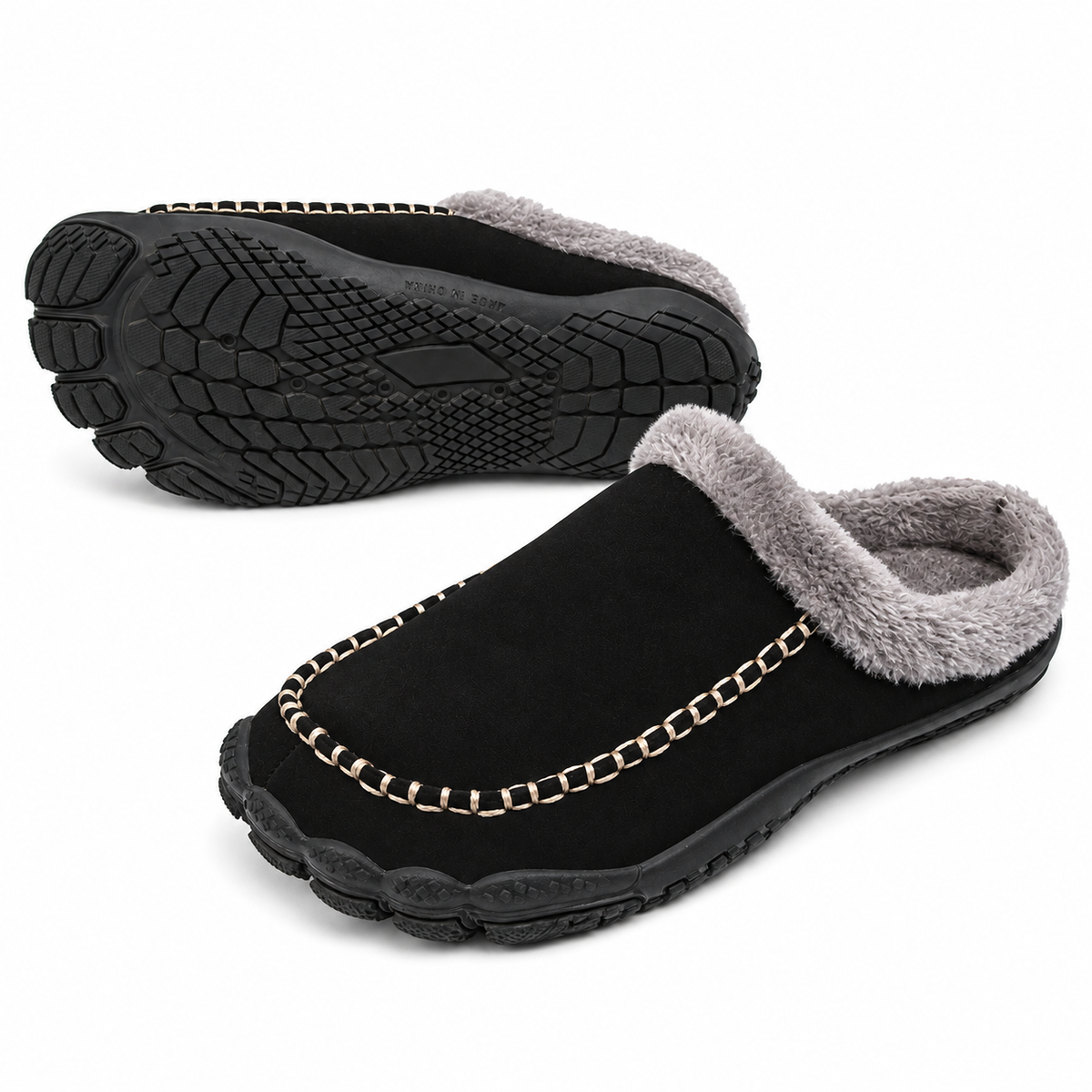 Men's barefoot mule slippers with a fleece collar and a contrast moccasin stitch in black