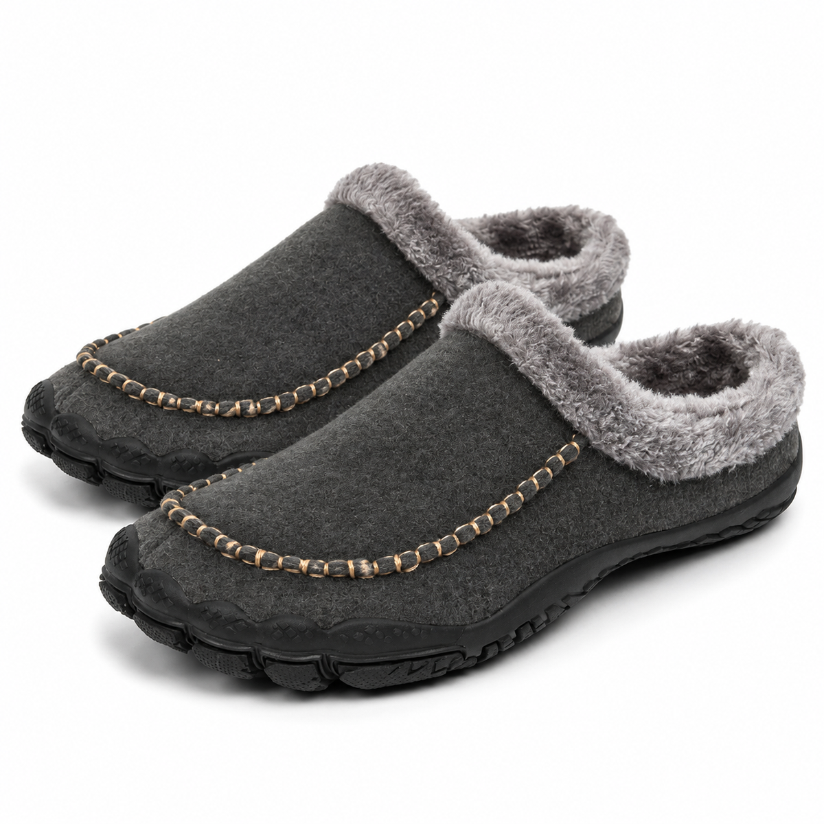 Men's barefoot mule slippers with a fleece collar and a contrast moccasin stitch in charcoal
