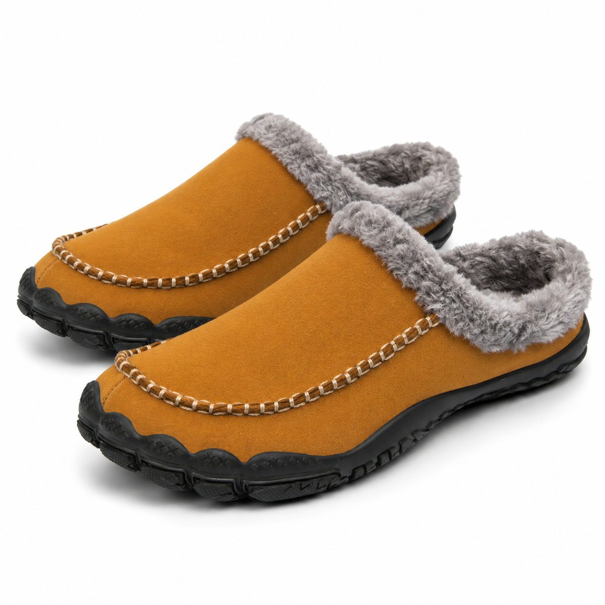 Men's barefoot mule slippers with a fleece collar and a contrast moccasin stitch in tan