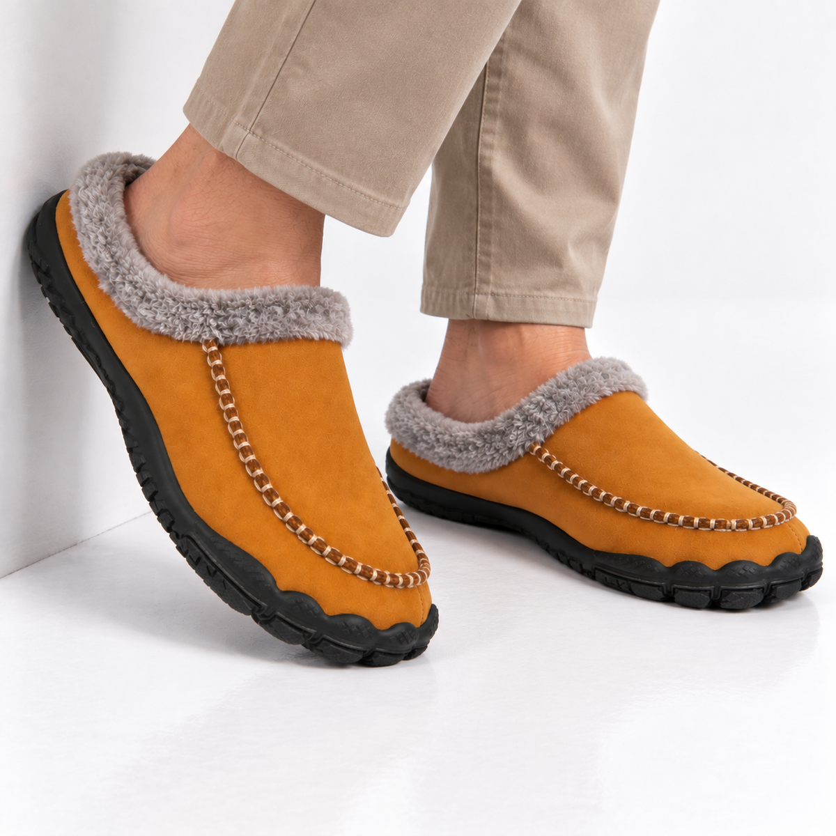 Men's barefoot mule slippers with a fleece collar and a contrast moccasin stitch