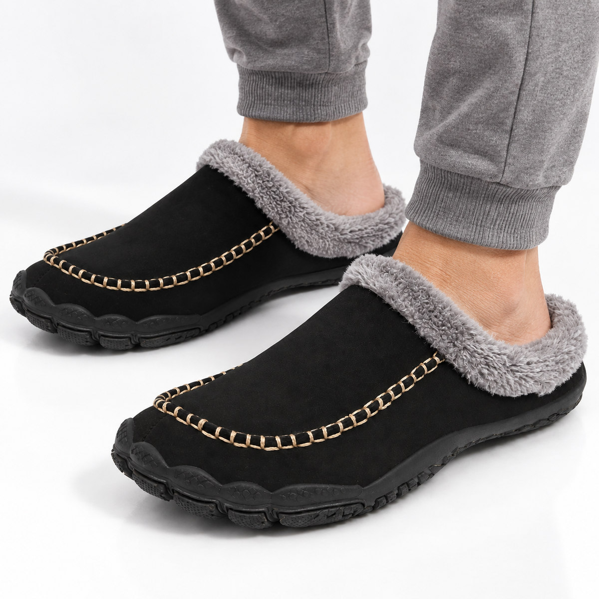 Men's barefoot mule slippers with a fleece collar and a contrast moccasin stitch