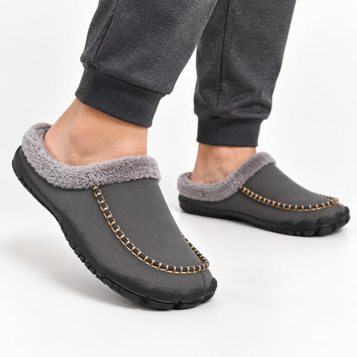 Men's barefoot mule slippers with a fleece collar and a contrast moccasin stitch