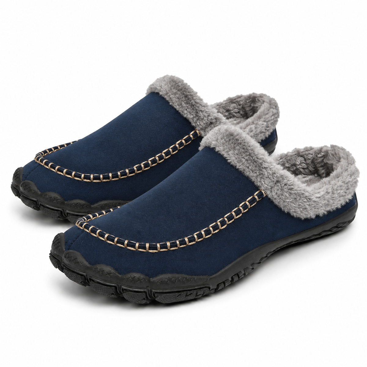 Men's barefoot mule slippers with a fleece collar and a contrast moccasin stitch in navy