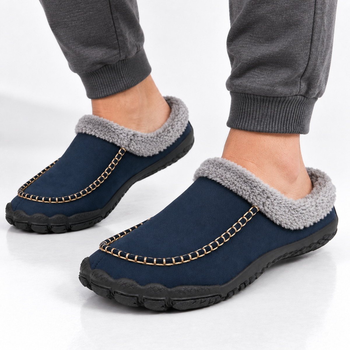 Men's barefoot mule slippers with a fleece collar and a contrast moccasin stitch