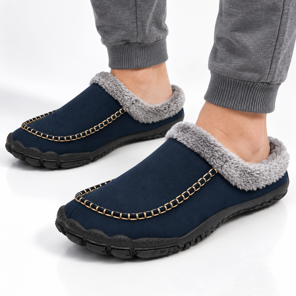Men's barefoot mule slippers with a fleece collar and a contrast moccasin stitch