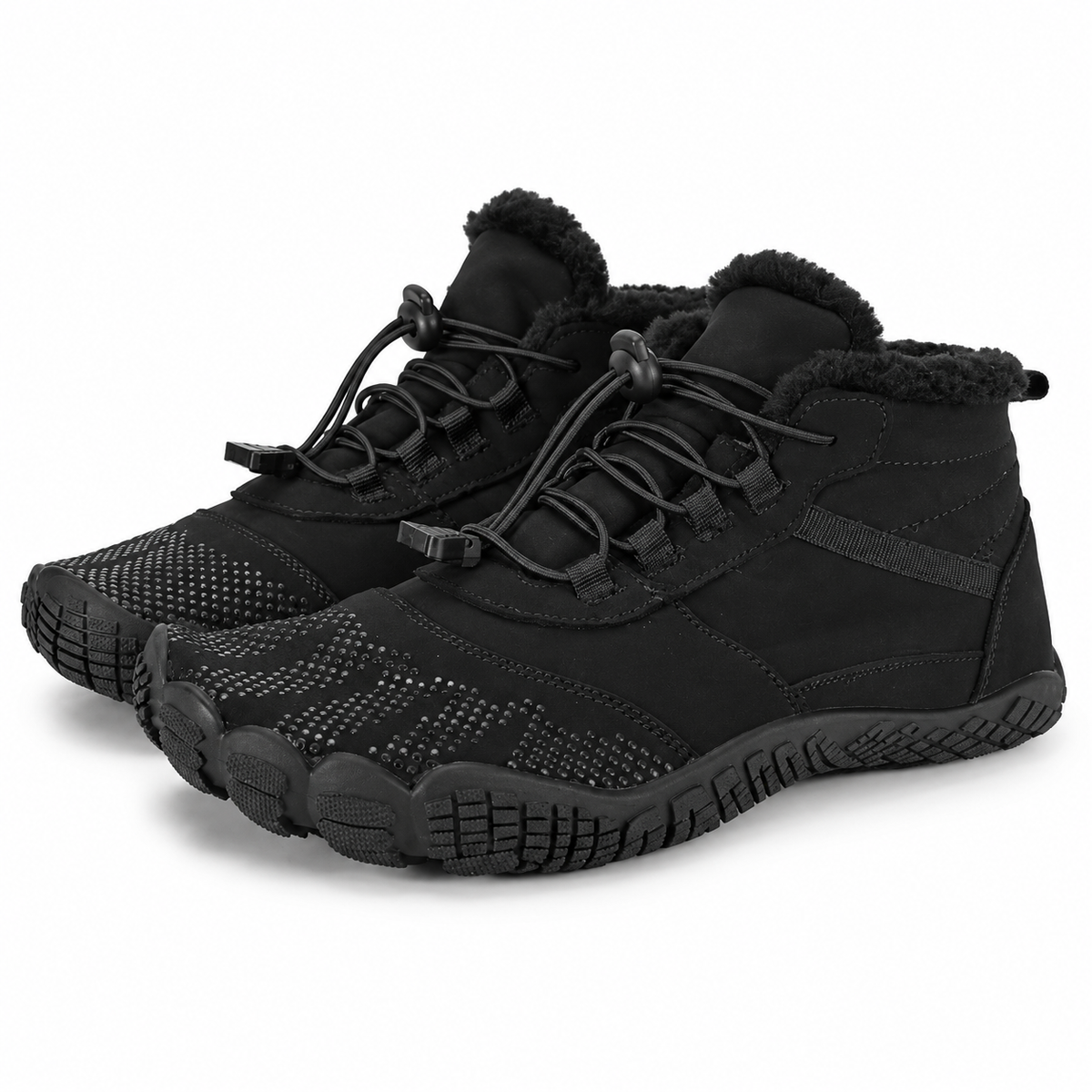 Unisex barefoot ankle boots with a fleece lining and an elastic toggle lace in black