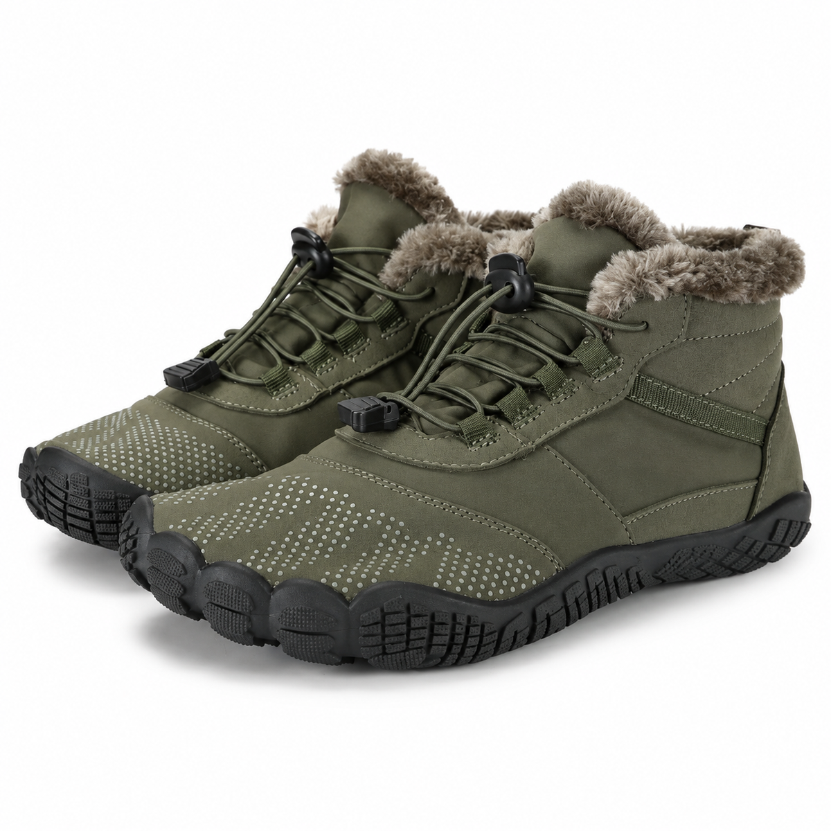 Unisex barefoot ankle boots with a fleece lining and an elastic toggle lace in khaki green
