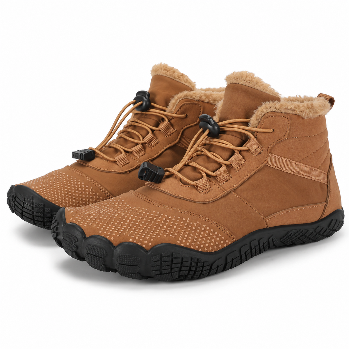 Unisex barefoot ankle boots with a fleece lining and an elastic toggle lace in tan