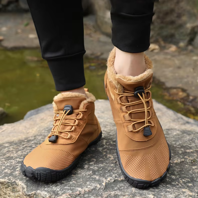 Unisex barefoot ankle boots with a fleece lining and an elastic toggle lace