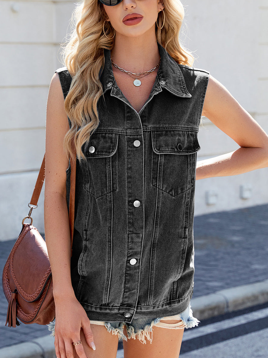 Sleeveless denim waistcoat with a classic collar and chest pockets